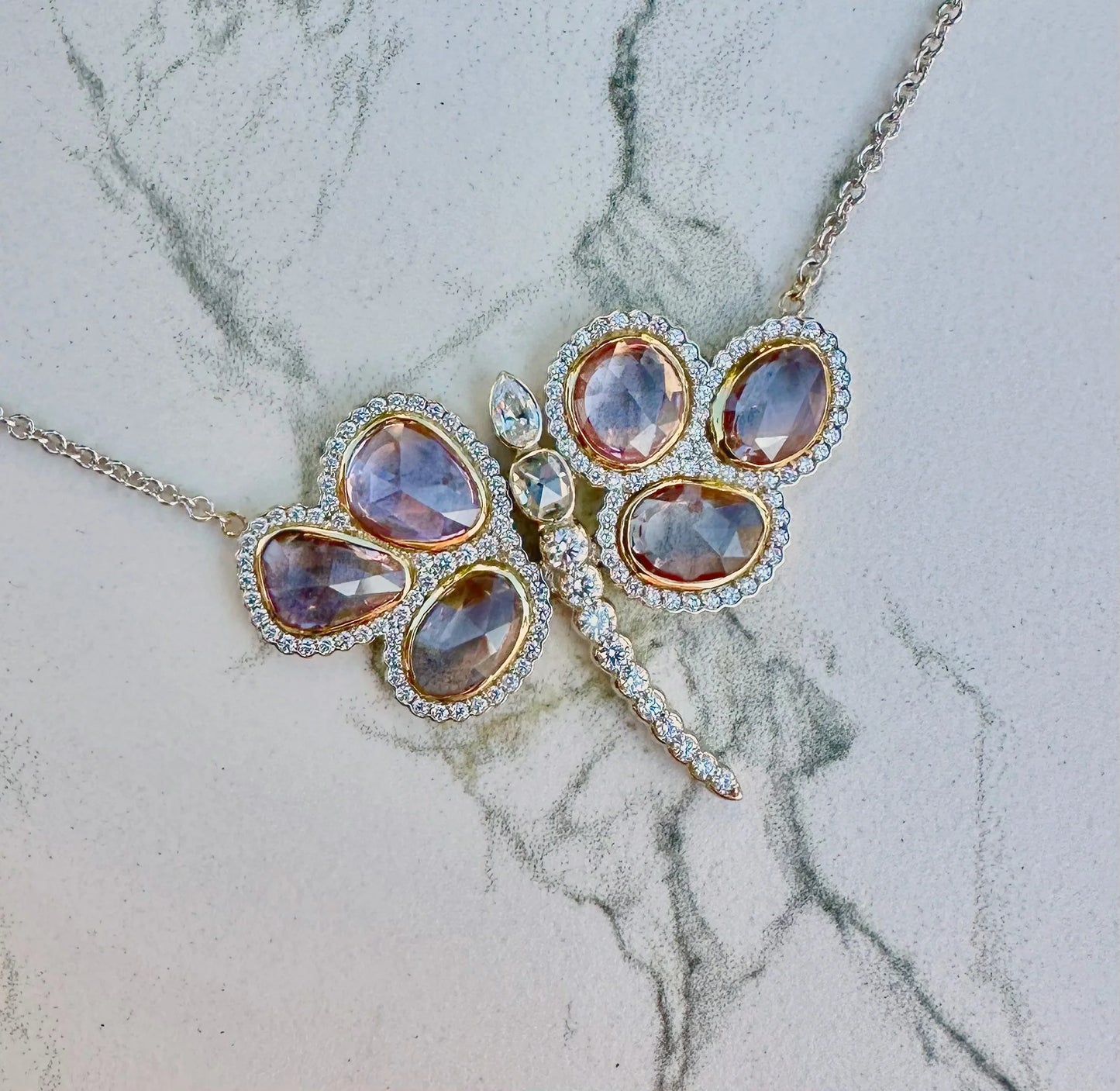 Mariposa Bespoke Butterfly 0.91ctw Rose-Cut Diamond & 5.90ctw Pink Sapphire Pendant Necklace