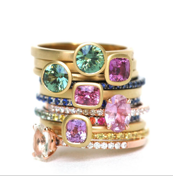 Sapphire Prism Rings on Diamond Half Eternity Band– 18K
