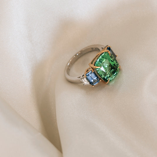 Earth Collection – Afghan Green Tourmaline, Blue Sapphire & Diamond Ring