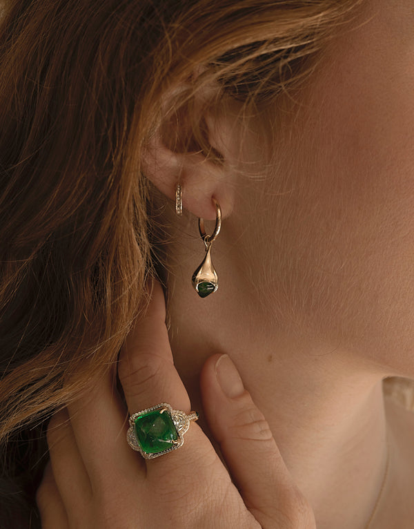 Mariposa Earth Collection "Two Peas in a Pod" 6.20ctw Cabochon Emerald Drop Earrings set in 18k Yellow Gold