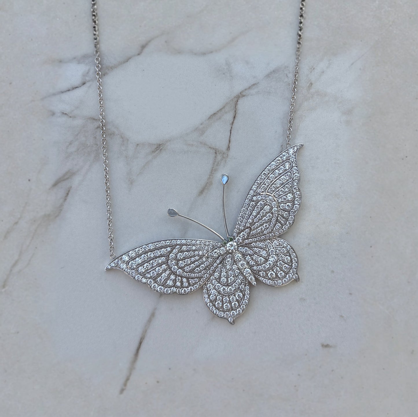 Bespoke Butterfly Diamond Pendant – 7.01ctw White Diamond with Mother of Pearl Antennae in 14k White Gold