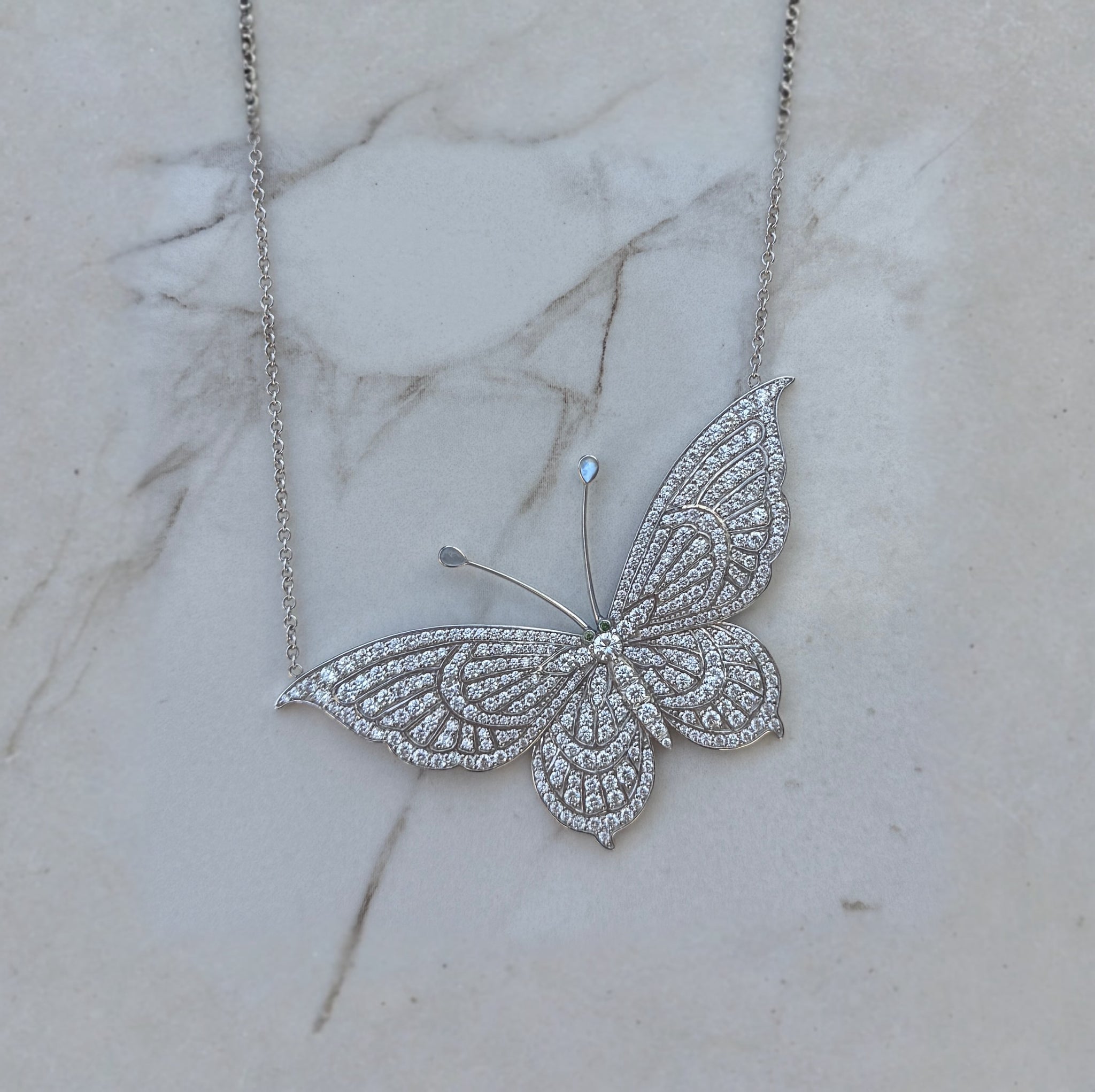 Bespoke Butterfly Diamond Pendant – 7.01ctw White Diamond with Mother of Pearl Antennae in 14k White Gold