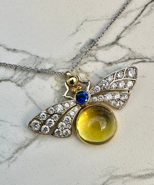 Bespoke Yellow Beryl & Blue Sapphire Bee Pendant Necklace