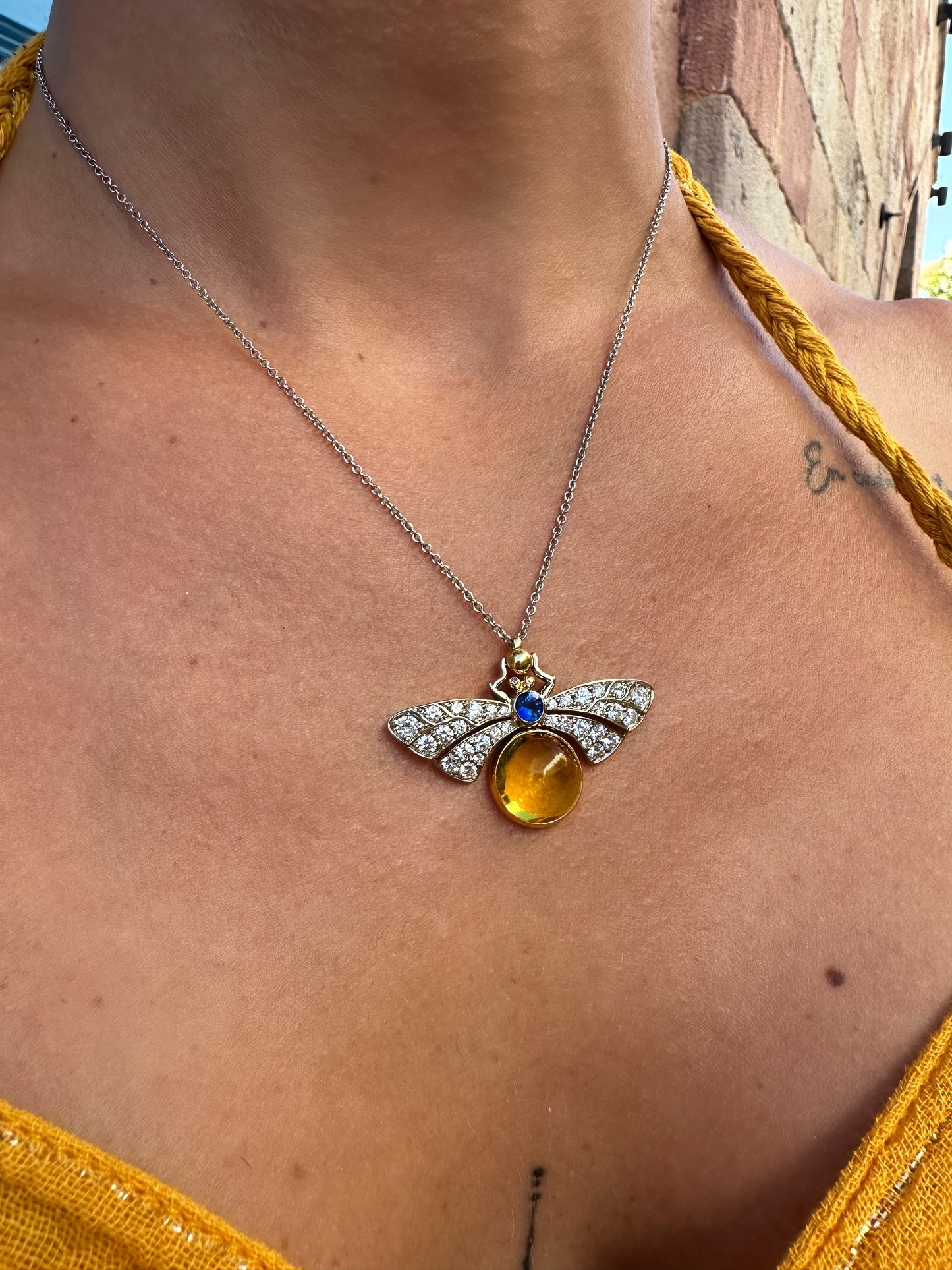 Mariposa Bespoke Yellow Beryl & Blue Sapphire Bee Pendant Necklace