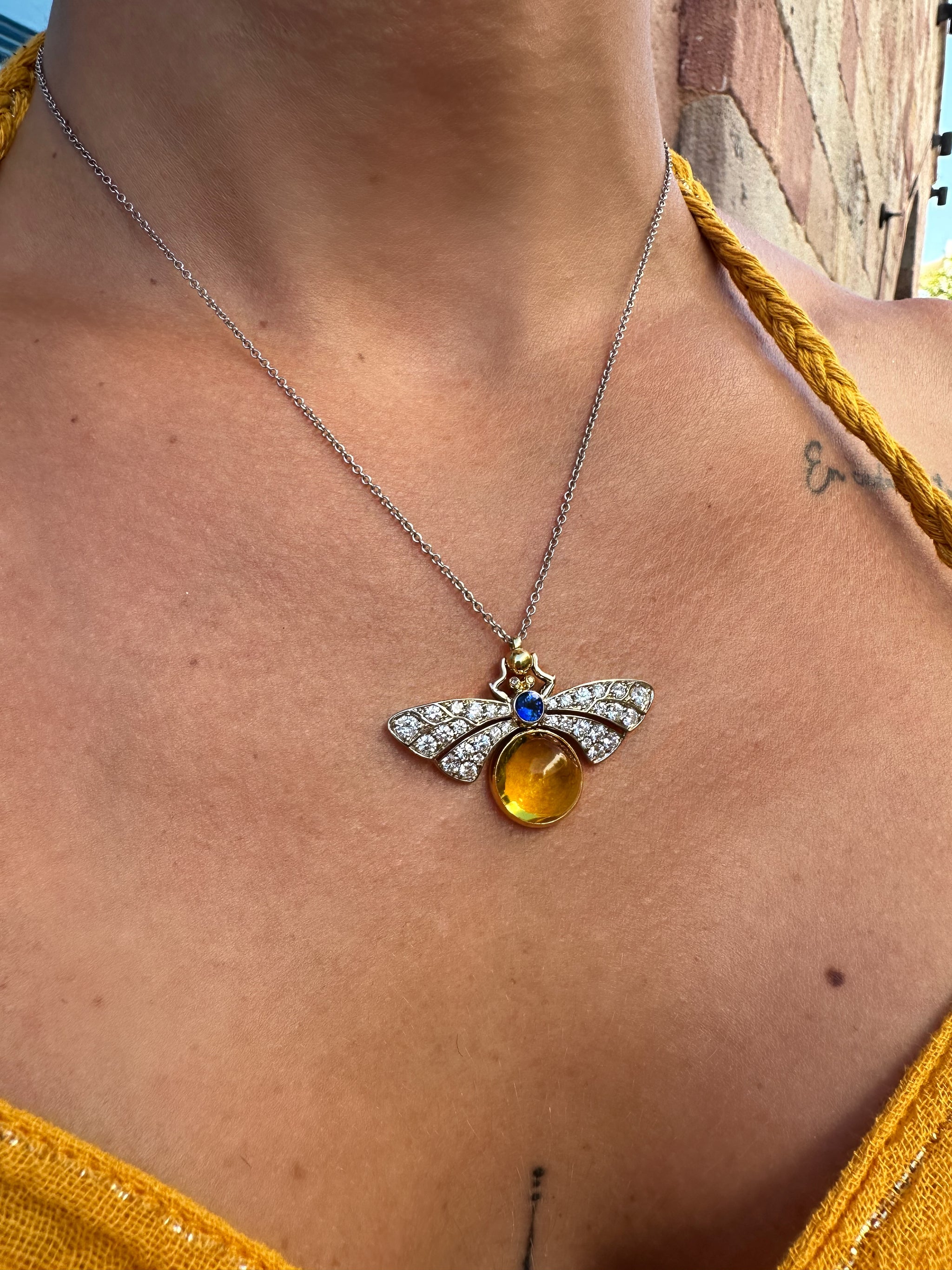 Mariposa Bespoke Yellow Beryl & Blue Sapphire Bee Pendant Necklace