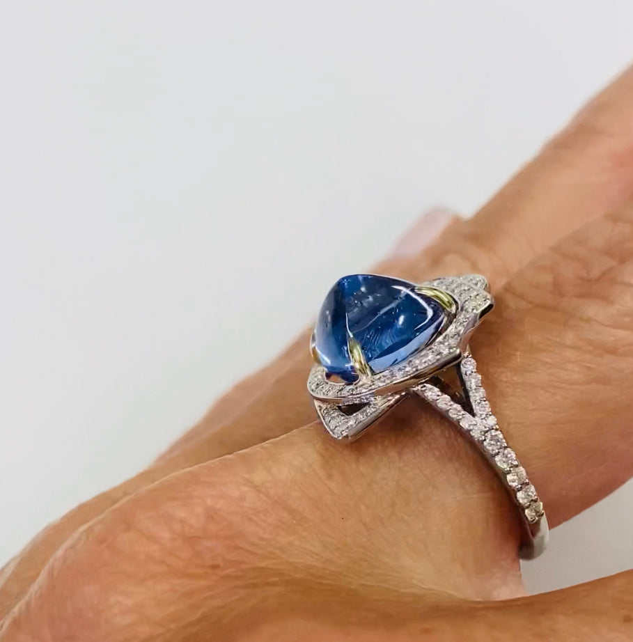 MRP108 - Mariposa Rozel Bay Sugarloaf Cabachon Blue Sapphire and Diamond Ring