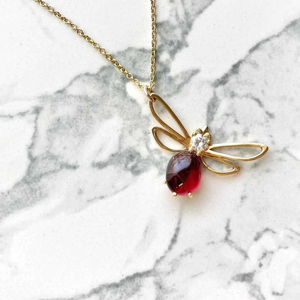 Mariposa Bespoke Ruby 7.03ct Cabochon and .25ct Diamond Butterfly Pendant in 18KY