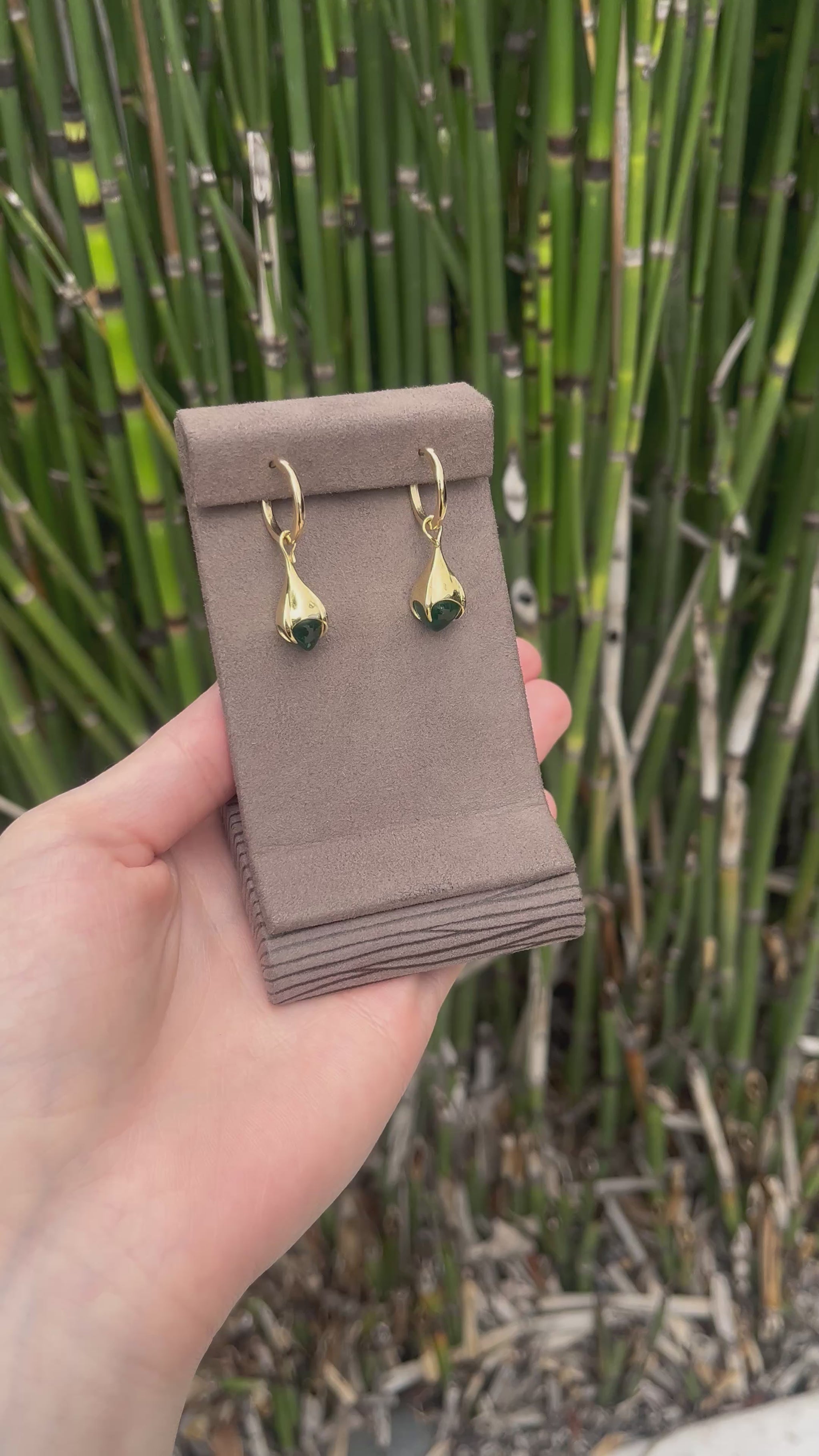 Mariposa Earth Two Peas in a Pod 6.20ctw Sugarloaf Cabochon Emerald Drop Earrings set in 18k Yellow Gold